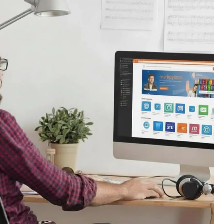 Web developer working on desktop computer displaying online marketplace dashboard with apps and integrations, illustrating web development, software customization, and digital platform management
