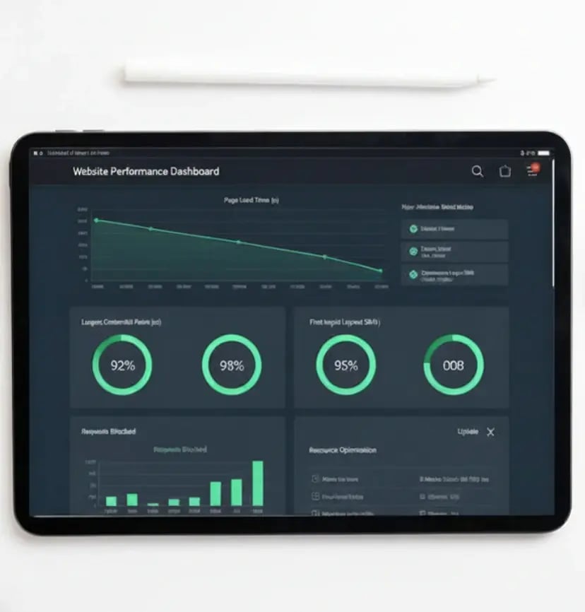 Website performance dashboard displayed on a tablet showing page load time trends, Core Web Vitals metrics (LCP, FID, CLS), and resource optimization analytics with green performance indicators