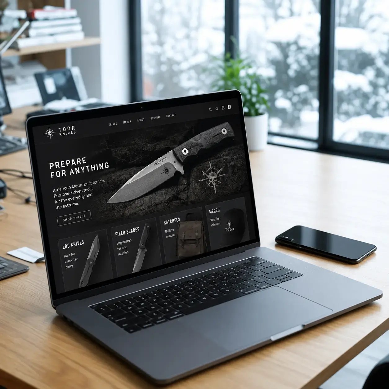 Laptop displaying a premium outdoor gear eCommerce storefront in a modern office, representing Shopify development, online merchandising, and digital commerce optimization.