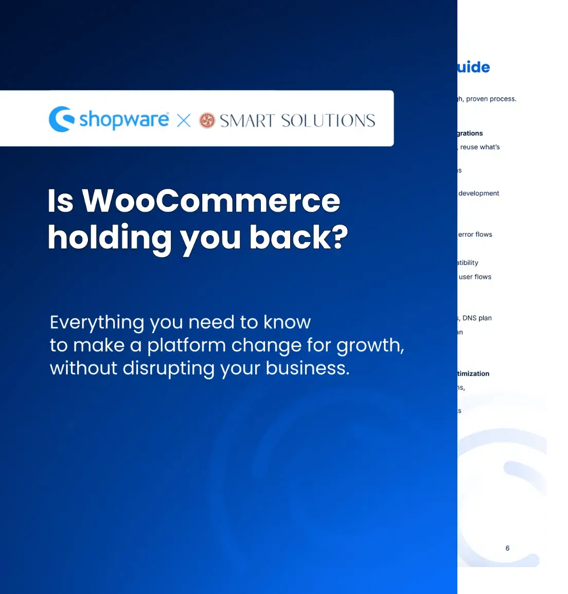 Cover page of a WooCommerce migration guide by Shopware and Smart Solutions.