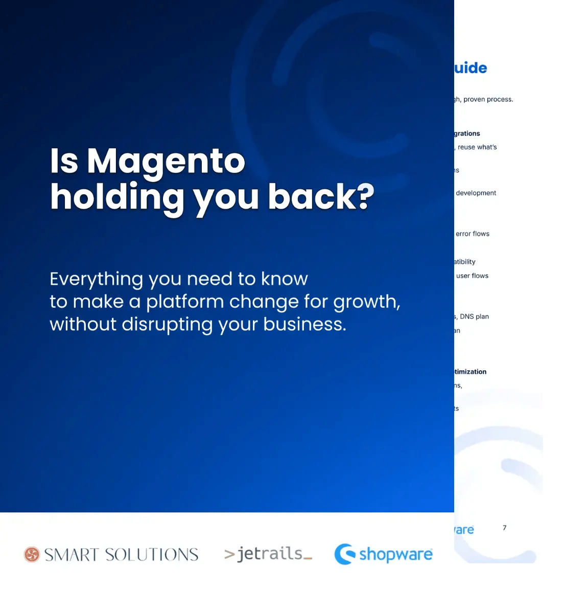 Cover page of a guide titled “Is Magento holding you back?” with Smart Solutions, JetRails, and Shopware logos.