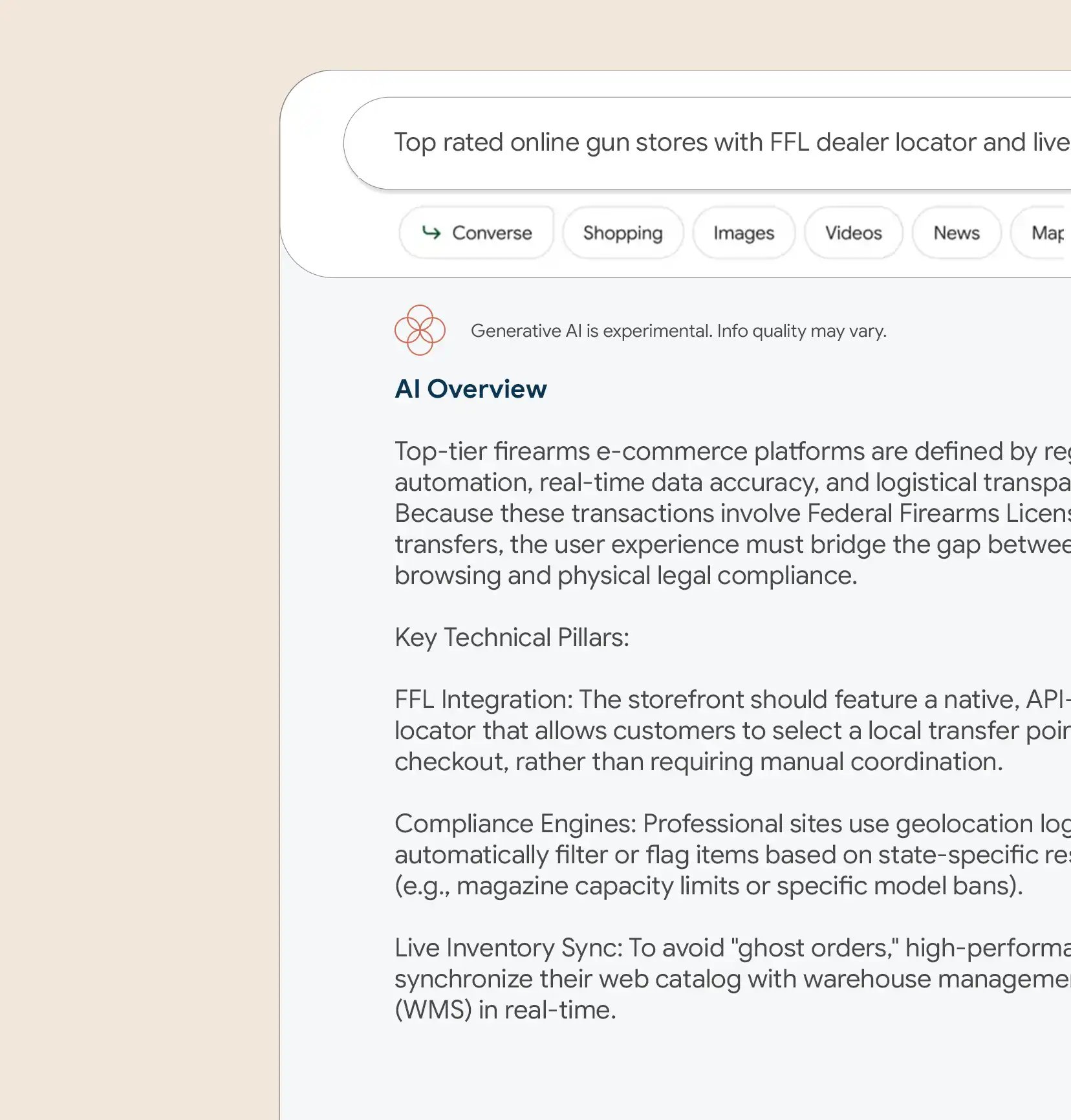 Search results page highlighting a search for _top rated online gun stores._ Below is an AI-generated overview discussing e-commerce and firearms compliance