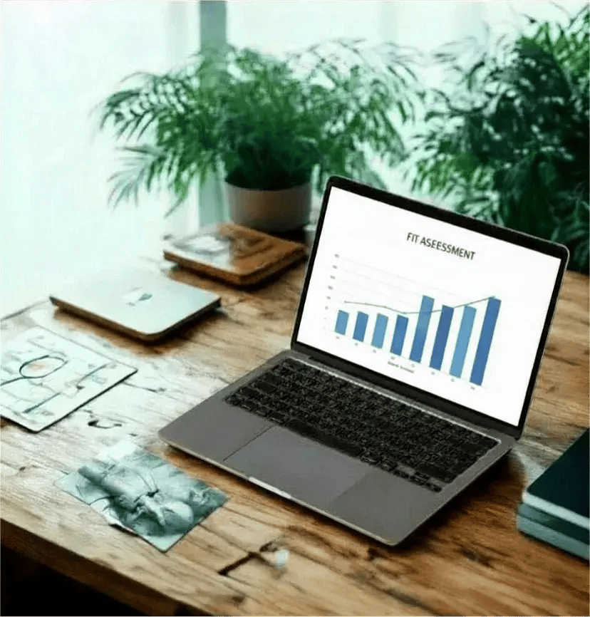 A laptop displaying a bar graph with _FIT ASSESSMENT_ on a wooden table, surrounded by plants and papers, conveying a productive workspace atmosphere