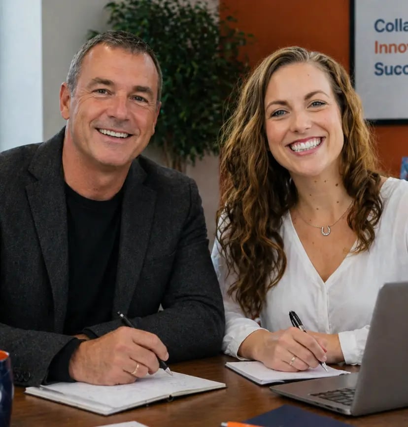 Two business professionals smiling in a modern office, man and woman collaborating at desk with laptop and notebooks, professional teamwork and corporate environment with motivational wall art and warm orange accents