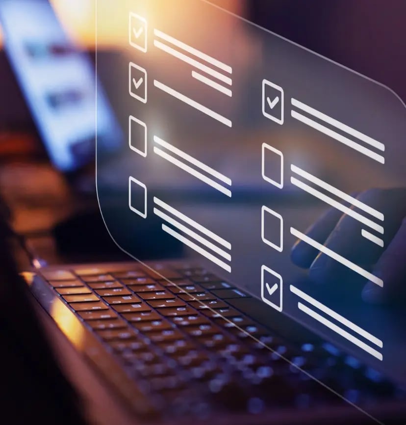 Person completing an online checklist form on laptop, digital survey interface with checkboxes and task list overlay, productivity and data entry concept