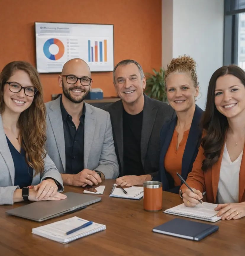 Professional team meeting in modern office with five diverse colleagues smiling at conference table, featuring laptops, notebooks, and branded burnt orange and navy blue accents, collaborative business environment with presentation charts