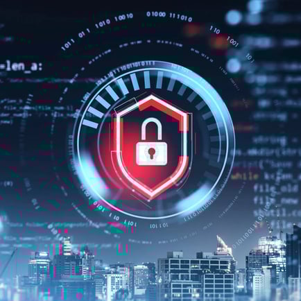 red shield inside of blue circle with a white padlock in the middle all over a city skyline