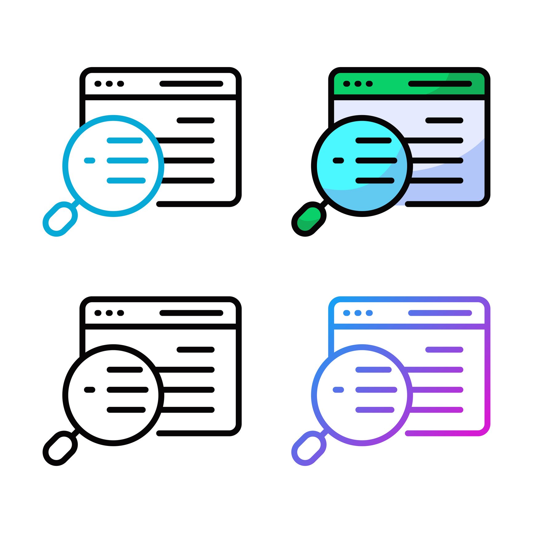 Set of document, image, and file icons with magnifying glass search symbols in rainbow colors, representing file search, document scanning, and digital content management