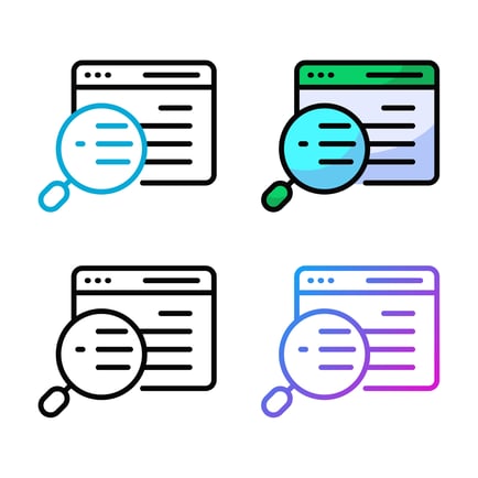 Set of document, image, and file icons with magnifying glass search symbols in rainbow colors, representing file search, document scanning, and digital content management