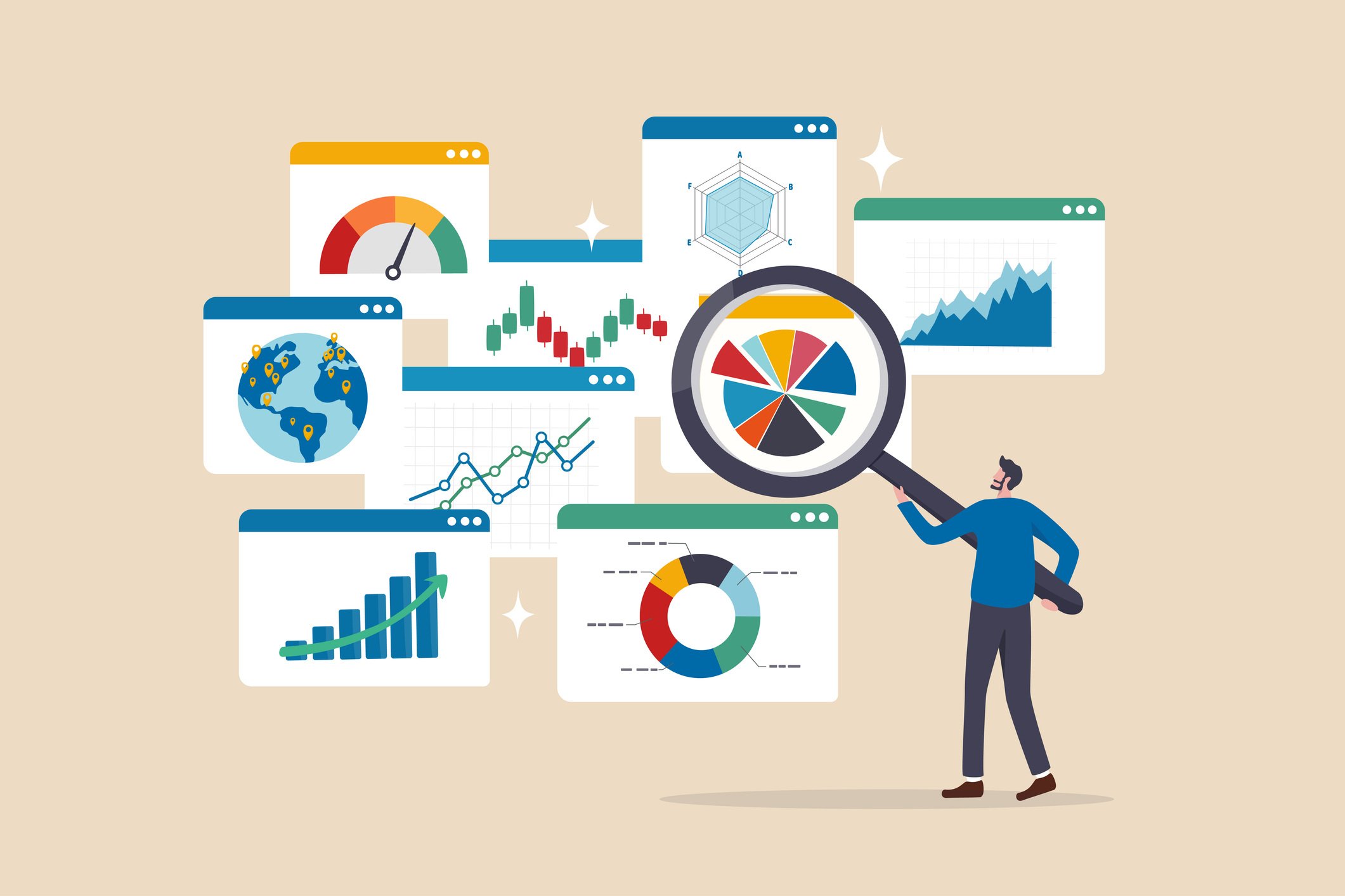Person with magnifying glass examines metrics for benchmarking success