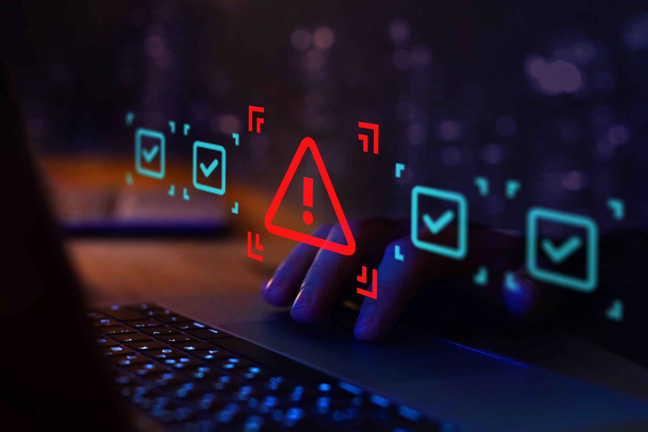 Computer screen with green check marks and red exclamation error message